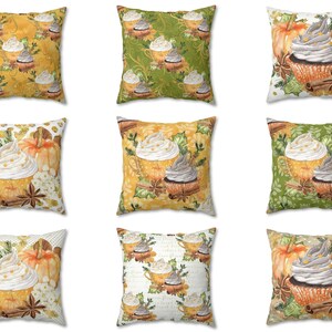 Green and Gold Decorative Pillow Cover, Pumpkin Spice Latte and Cupcake Design Kitchen Decor Pillow, Thanksgiving Pillow, Fall Cushion Case