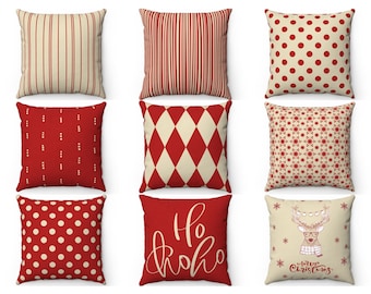 Christmas Decor Outdoor Indoor Throw Pillow Cover 16x16 18x18 20x20, Red Beige Ho Ho Ho, Striped Polka Dot Deer Pillow, Xmas Cushion Case