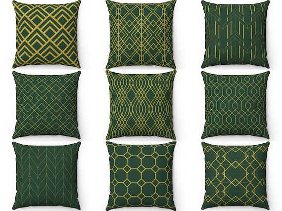 Green and Gold Art Deco Throw Pillow Case Cover, Golden Geometric Modern Style Contemporary Luxury Chic Decor Accent Cushion, Euro Sham