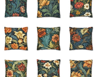 William Morris Inspired Pillow, Floral Throw Pillow Cover, Outdoor Pillow, Blue Green Orange Cushion Case, Housewarming Gift Euro Sham 26x26