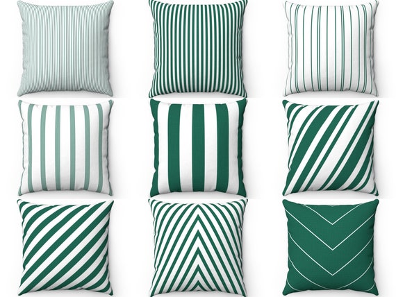 Emerald Green Striped Pillow, Outdoor Pillow, Throw Pillow Cover with Insert, Couch Accent Pillow, Cushion Case, Euro Sham 26x26 Sofa Pillow