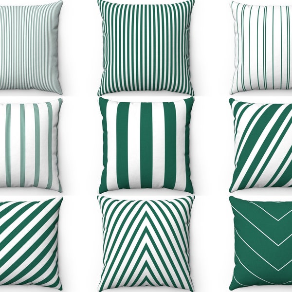 Oreiller rayé vert émeraude, oreiller extérieur, housse de coussin avec insert, oreiller d'accent de canapé, housse de coussin, oreiller de canapé Euro Sham 26x26