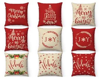 Beige and Red Christmas Decor Throw Pillow Cover, 16x16 18x18 20x20 22x22 Merry Christmas Ho Ho Ho Joy Holiday Pillow, Outdoor Cushion Case
