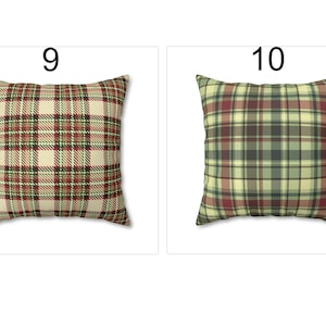 May include: Two square throw pillows with plaid patterns. One pillow features a beige background with red, green, and brown plaid. The other pillow has a green, red, and beige plaid pattern. The pillows are labeled with the numbers 9 and 10.