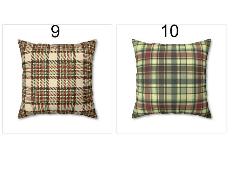 May include: Two square throw pillows with plaid patterns. One pillow features a beige background with red, green, and brown plaid. The other pillow has a green, red, and beige plaid pattern. The pillows are labeled with the numbers 9 and 10.