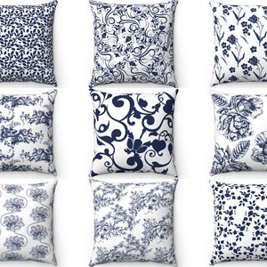 Navy Blue Floral Throw Pillow Cover 16x16 18x18 20x20 Lumbar, Navy Outdoor Indoor Pillow, Farmhouse Cushion Case, Accent Pillow, Euro Sham