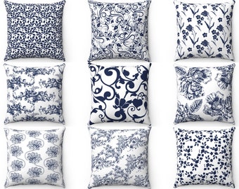 Navy Blue Floral Throw Pillow Cover 16x16 18x18 20x20 Lumbar, Navy Outdoor Indoor Pillow, Farmhouse Cushion Case, Accent Pillow, Euro Sham
