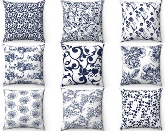 Funda de cojín floral azul marino (40,6 x 40,6 x 45,7 cm, 50,8 x 50,8 cm, lumbar), funda de cojín para interior y exterior azul marino, funda de cojín rústica, cojín decorativo, funda de almohada europea.