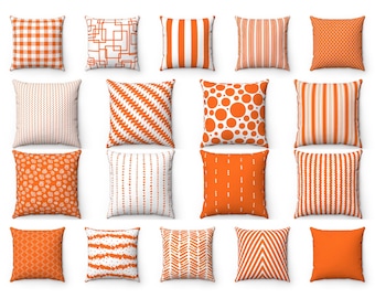 Fall Orange Throw Pillow Cover, Outdoor Pillow, Autumn Halloween Accent Pillow, Striped Polka Dot Cushion Case Lumbar Pillow 26x26 Euro Sham