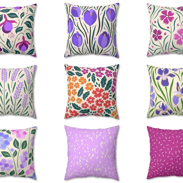 Floral Throw Pillow Cover, Colorful Outdoor Indoor Pillow, Lilac Green Fuchsia Blue Cream Flower Leaf Cushion Case, Lavender Euro Sham 26x26