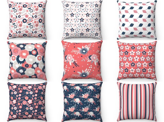 Navy and Coral Floral Outdoor Indoor Throw Pillow Case Cover 16x16 18x18 20x20 22x22 24x24 26x26 Euro Sham Couch Sofa Patio Accent Cushion Etsy