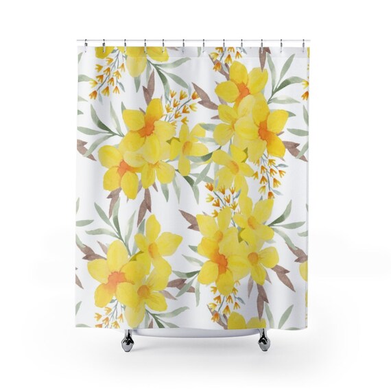 Yellow Floral Shower Curtain Watercolor Flower Bathtub Etsy