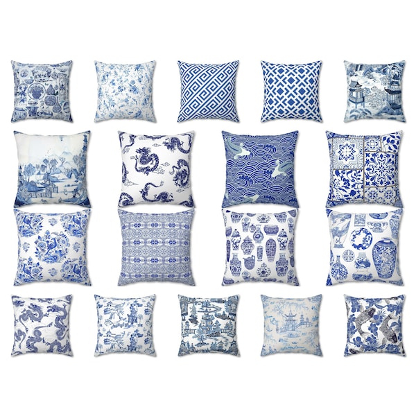 Blaues Chinoiserie Kissen, asiatisch inspiriertes Kissen, exotisches szenisches Kissen, alte Mode chinesisches Kissenbezug, Outdoor Kissenbezug Euro Sham