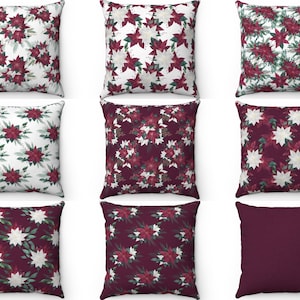 Floral Christmas Throw Pillow Cover, Burgundy Poinsettia Floral Purple Pillow 16x16 18x18 20x20, Outdoor Indoor Cushion Case, Xmas Euro Sham
