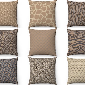 Animal Pillow Cover, Animal Print Throw Pillow, 16x16 18x18, Euro Sham, Dark Gray Tan Brown Zebra Snake Skin Pillow, Outdoor Cushion Case