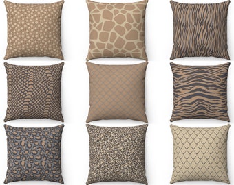 Animal Pillow Cover, Animal Print Throw Pillow, 16x16 18x18, Euro Sham, Dark Gray Tan Brown Zebra Snake Skin Pillow, Outdoor Cushion Case