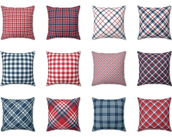 May include: A collection of twelve square throw pillows with various plaid patterns. The pillows feature red, white, and blue color schemes, with classic gingham and diagonal plaid designs. The pillows are arranged in a grid, showcasing the variety of patterns available.