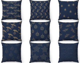 Navy Blue and Gold Christmas Throw Pillow Cover 16x16 18x18 20x20 22x22, Holiday Couch Pillow Outdoor Indoor Cushion Case, Xmas Euro Sham