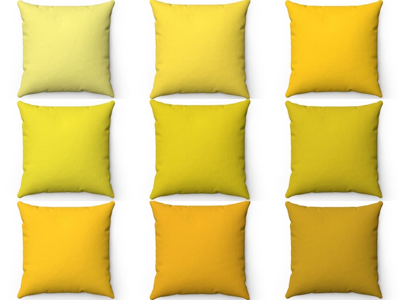 Puede incluir: Nueve almohadas de color amarillo en varios tonos de amarillo, desde amarillo p&aacute;lido hasta amarillo dorado oscuro. Las almohadas est&aacute;n dispuestas en tres filas de tres, con el tono de amarillo m&aacute;s claro en la parte superior y el tono m&aacute;s oscuro en la parte inferior.