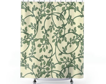 William Morris Shower Curtain, Fine Branches Pattern, Botanical Bathtub Curtain, Bathroom Decor Accessories, 71x74 Green Leaves Bath Curtain