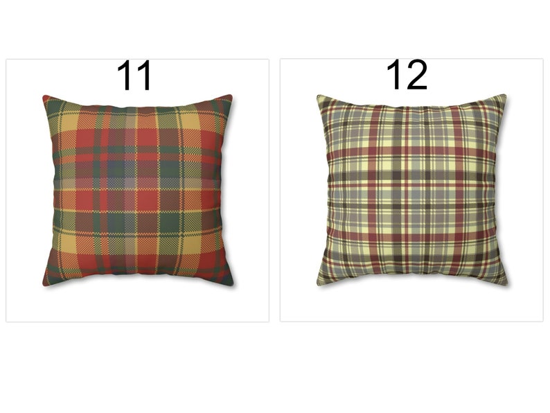 May include: Two square throw pillows with plaid patterns. One pillow features a red, green, and gold plaid design, labeled "11". The other pillow has a beige, red, and gray plaid pattern, labeled "12".