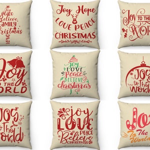 Christmas Decor Pillow, Beige Red Joy to the World Throw Pillow Cover 18x18 20x20 22x22, Holiday Decor Outdoor Indoor Cushion Case Euro Sham