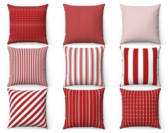 Red White Striped Throw Pillow Cover, Outdoor Pillow, Red Cushion Case, Indoor Pillow, 26x26 Euro Sham, Bedroom Decor, Living Room Pillow