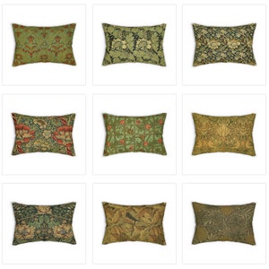 May include: Nine decorative throw pillows with a variety of floral and geometric patterns in shades of green, brown, and red. The pillows are all rectangular and have a soft, plush texture.