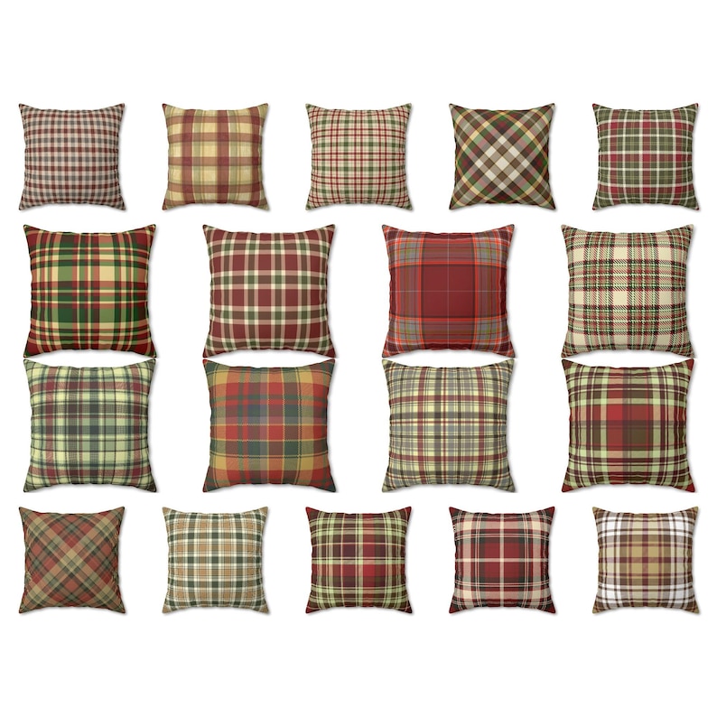 May include: A collection of square throw pillows with various plaid patterns. The pillows feature a range of colors, including red, green, brown, and gold. The plaid designs vary in size and style, offering a diverse selection for home decor.