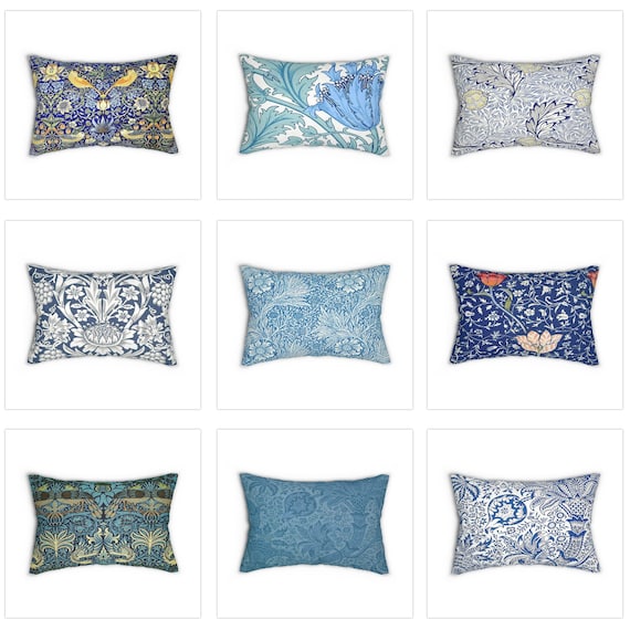 William Morris Lumbar Pillow Cover, Couch Throw Pillow, Blue Strawberry Thief, Floral Cushion Case, Art Nouveau Decor Accent, Gift for Mom