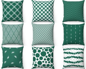 Emerald Green Outdoor Indoor Throw Pillow Case Cover 16x16 18x18 20x20 24x24, 26x26 Euro Sham, Christmas Cushion, Floral Checked Toss Pillow
