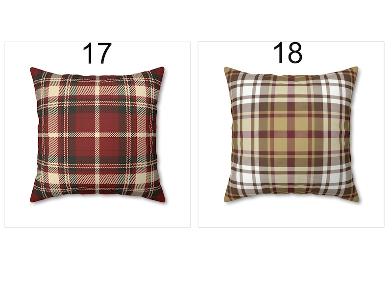 May include: Two square throw pillows with plaid patterns. Pillow 17 features a red, beige, and black plaid design. Pillow 18 has a brown, white, and burgundy plaid pattern. The pillows are displayed on a white background.