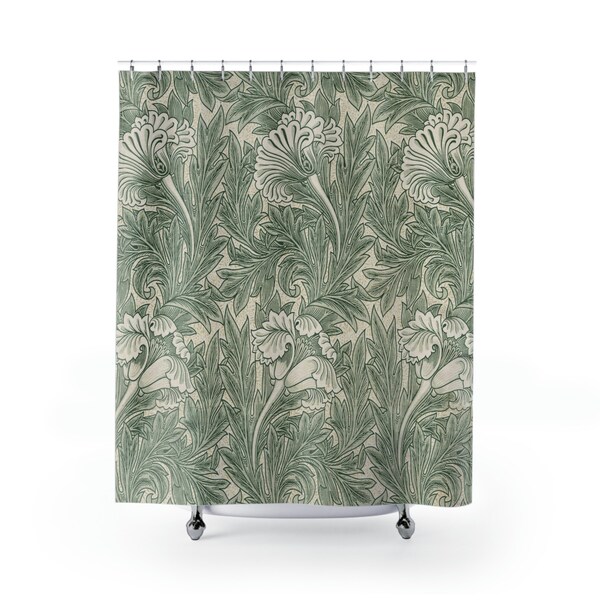 William Morris Shower Curtain, Tulips Pattern, Botanical Bathtub Curtain, Vintage Bathroom Decor Accessories 71x74 Green Leaves Bath Curtain