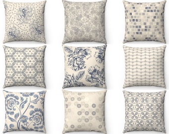 Blue and Beige Outdoor Throw Pillow Cover, 16x16 18x18 20x20 22x22 Boho Rustic Farmhouse Cushion Case, Couch Patio Accent Pillow, Euro Sham
