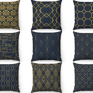 Navy and Gold Art Deco Throw Pillow Case Cover, Golden Geometric Modern Style Contemporary Luxury Chic Decor Accent Cushion, Euro Sham