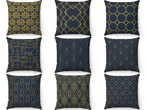 Navy and Gold Art Deco Throw Pillow Case Cover, Golden Geometric Modern Style Contemporary Luxury Chic Decor Accent Cushion, Euro Sham