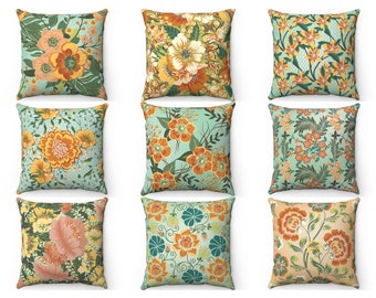 William Morris Pillow, Floral Throw Pillow Cover, Green Orange Yellow Cushion Case, Couch Sofa Bed Home Decor Art Nouveau Pillow, Euro Sham