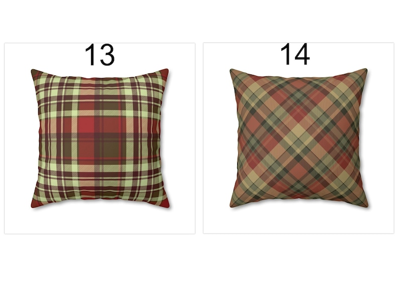 May include: Two square throw pillows with plaid patterns. One pillow features a red, brown, and green plaid design, and the other has a diagonal plaid pattern in red, brown, and tan. The pillows are displayed on a white background.