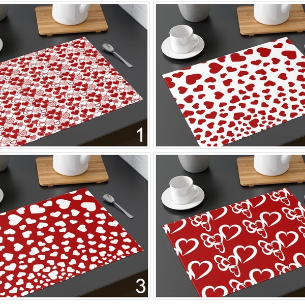 Red Heart Print Placemat, Red White Dining Table Decor, Love Themed Table Mat, Kitchen Accessories, Housewarming Gift, Cotton Underplate