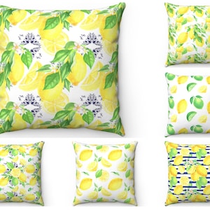 Lemon Throw Pillow Cover, Citrus Garden Outdoor Patio Kitchen Decor, Yellow Green Leaf Blue Striped Cushion Case, Sliced Lime, Euro Sham