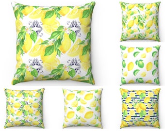 Lemon Throw Pillow Cover, Citrus Garden Outdoor Patio Kitchen Decor, Yellow Green Leaf Blue Striped Cushion Case, Sliced Lime, Euro Sham