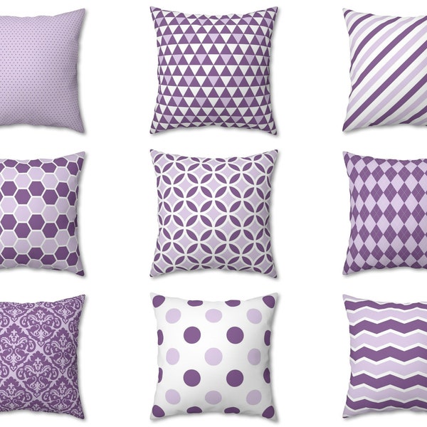 Purple Throw Pillow Cover, Outdoor Pillow, Lilac Indoor Cushion Case, Geometric Striped Polka Dots Chevron, Couch Accent, Euro Sham 26x26