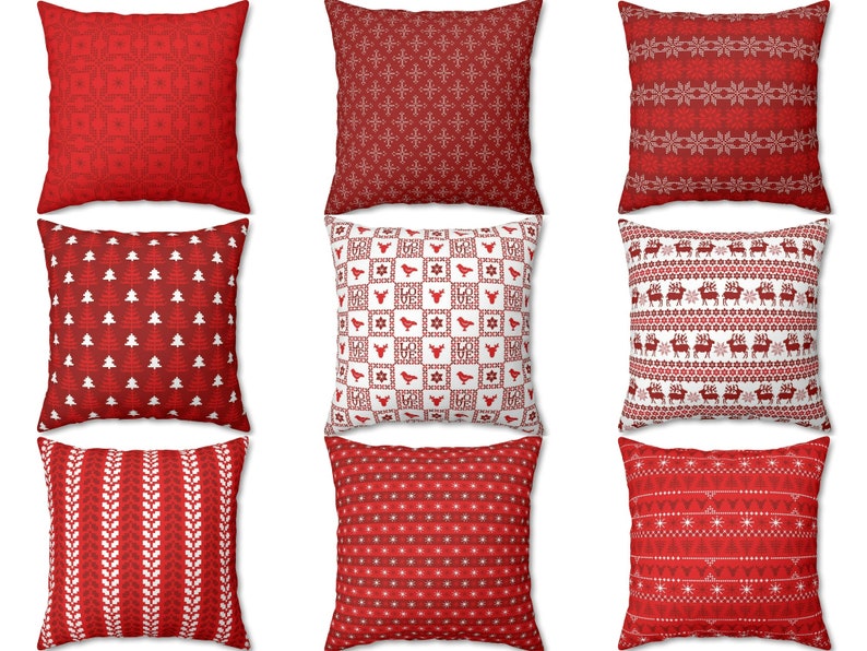 Puede incluir: Nueve cojines cuadrados con varios patrones navide&ntilde;os rojos y blancos. Los dise&ntilde;os incluyen copos de nieve, &aacute;rboles de Navidad, renos y formas geom&eacute;tricas. Los cojines son cuadrados y de tela suave.