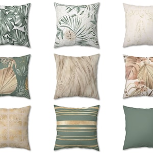 Decorative Throw Pillow Cover, Outdoor Indoor Pillow, Green Monstera Leaf, Tan Boho Chic Cushion Case, 26x26 Euro Sham, 16x16 18x18 20x20