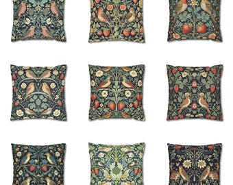 Strawberry Thief Throw Pillow Cover, William Morris Style Pillow with Insert, Cute Birds Outdoor Pillow, Art Nouveau Floral Cushion Case