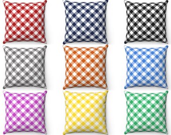 May include: Nine square throw pillows in various colors, each featuring a classic gingham pattern. Colors include red, navy blue, black, gray, orange, blue, purple, yellow, and green. The pillows are arranged in a three-by-three grid.