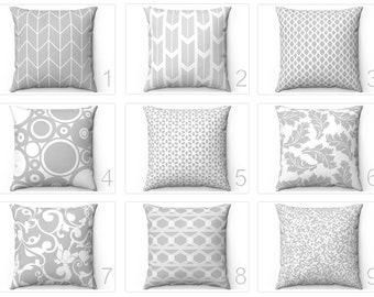 Gray Throw Pillow Cover, Grey Outdoor Pillow, Couch Accent Pillow, Euro Sham Cover 26x26, Grey Striped Floral Polka Dots Cushion Case