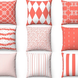 Living Coral Throw Pillow Cover, Outdoor Pillow, Striped Pillow, Lumbar Pillow wt Insert, Cushion Case, Couch Accent Pillow, Euro Sham 26x26
