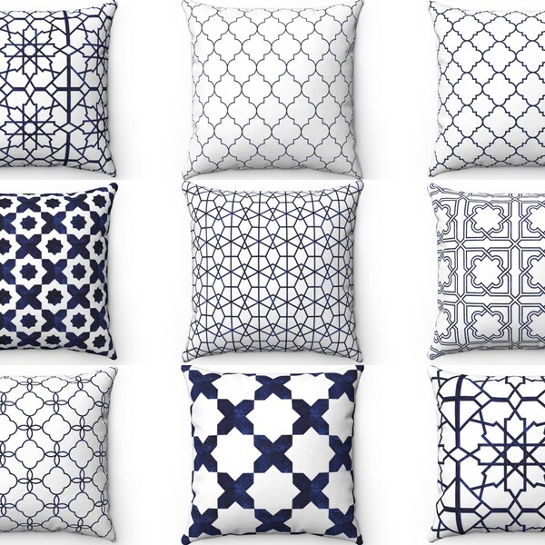 Navy Blue Pillow Cover, Quatrefoil Throw Pillow, Moroccan Pillow, Geometric Tile Cushion Case, Trellis Pillow, Lattice Pillow, Euro Sham