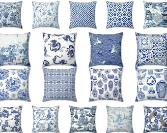 Blue Chinoiserie Pillow, Asian Inspired Pillow, Exotic Scenic Pillow, Old Fashion Chinese Throw Pillow Cover, Outdoor Cushion Case Euro Sham